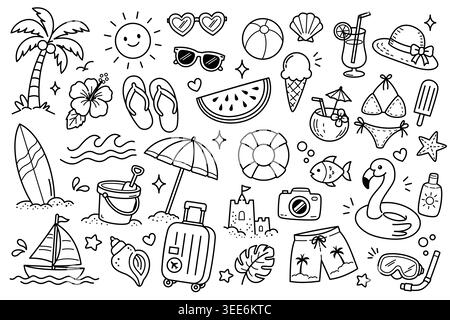 Summer Beach Urlaub Doodle Icon Set, Handgezeichnet Tropical Holiday Travel Line Art Vector Collection Stock Vektor