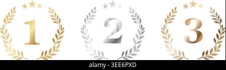 Luxus-Auszeichnung mit goldenen Silber- und Bronzestern, Ranglisten und Lorbeerkränzen isoliert auf transparentem Hintergrund. Elegantes Premium-Symbol Stock Vektor