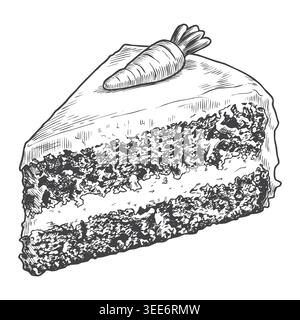 Eine wunderschön detaillierte Karottenkuchenscheibe in klassischer Gravur. Dieser handgezeichnete Vektor eignet sich perfekt für erstklassige Bäckereimenüs und Cafés Stock Vektor