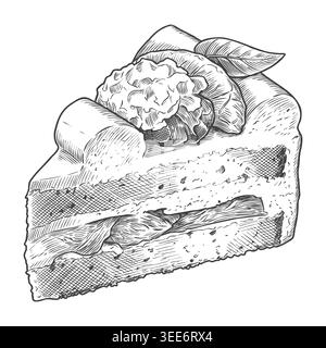 Eine akribisch detaillierte Frucht-Creme-Kuchen-Schnitt-Vektor-Illustration in einem klassischen Gravurstil. Ideal für Konditormenüs, erstklassige kulinarische Pakete Stock Vektor
