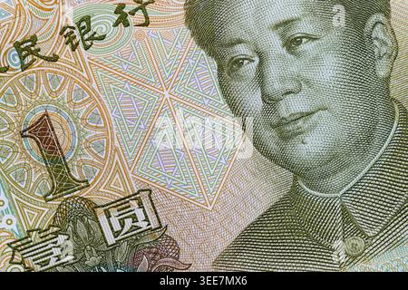Makro des Mao Zedong-Porträts auf chinesischer 1 Yuan-Banknote Stockfoto