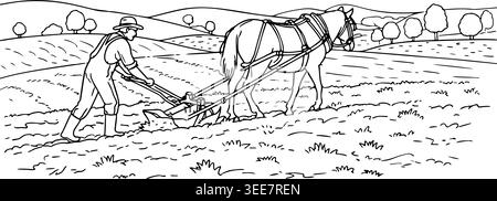Landwirt pflügt ein Feld mit einem Pferdepflug in einer ländlichen Landschaft, traditionelle landwirtschaftliche Szene Linie Kunst Vektor Illustration. Stock Vektor