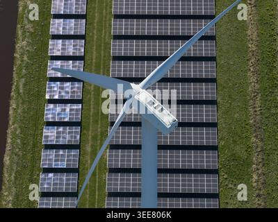 Luftaufnahme einer weißen Windturbine und Reihen von Photovoltaik-Solarpaneelen auf einer grünen Wiese unter hellem Sonnenlicht in den Niederlanden. Stockfoto