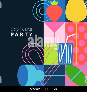 Poster für Cocktailpartys mit abstrakten geometrischen Formen. Vektor-Illustration von Getränken, Erdbeere und Limette in modernem flachen Stil. Kreativer Flyer für Bar Stock Vektor