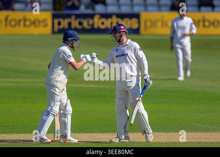 Chelmsford, Großbritannien. Mai 2026. CHELMSFORD, ENGLAND MAI 09 - Simon Harmer aus Essex feiert 50 Runs mit Teamkollege Jamie Porter aus Essex während des zweiten Tages des Rothesay County Championship-Spiels zwischen Essex und Hampshire auf dem Ambassador Cruise Line Ground am 9. Mai 2026 in Chelmsford, England. (Foto von Keeran Marquis/Sports Press Photo) Credit: SPP Sport Press Photo. /Alamy Live News Stockfoto