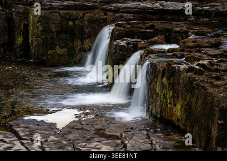 Zwei Wasserfälle kaskadieren über moosbedeckte Kalksteinstufen an den Aysgarth Falls Stockfoto