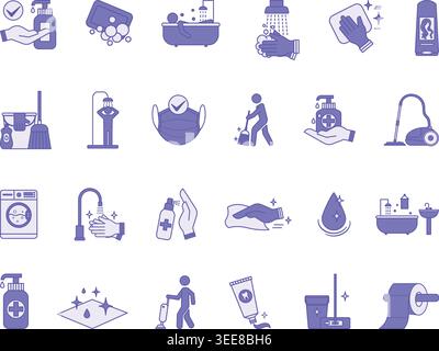 Farbige Hygiene-Symbolgruppe. Vektorabbildungen Sauberkeit, Desinfektion, Reinigung, Seife, Kehren, Wischmopp, Baden, Staubsauger, Hygiene und vieles mehr Stock Vektor