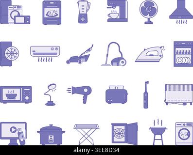 Farbige Haushaltsgeräte. Vektor-Illustrationen Kühlschrank, Waschmaschine, Ofen, Staubsauger, Mikrowelle, Toaster, Bügeleisen und mehr Stock Vektor