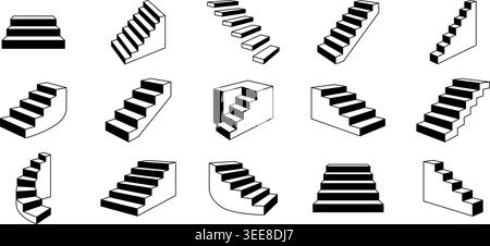 Schwarze Treppenhaus-Symbole-Set. 16 Treppen-Silhouetten in verschiedenen Formen und Winkeln. Stock Vektor