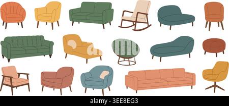 Vintage-Möbelset. Gemütliches Pastell-Möbelset für Innenraum- und Wohndekor-Themen. Stock Vektor