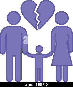 Farbiges Scheidungssymbol. Vektorabbildung. Offizielle Beendigung Der Ehe Zwischen Ehegatten. Frau, Mann, Kind Und Gebrochenes Herz. Konzeptpsychologie Stock Vektor