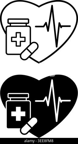 Medizinische Symbole. Linien- und Glyphenvektorsymbole. Herz mit Puls und Medikamenten. Erste Hilfe bei Krankheit. Notfallkonzept Stock Vektor