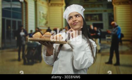 Die junge hispanische Küchenchefin in weißem Mantel hält ein hölzernes Tablett mit Muffins, Finger bis Kinn, während sie in der hektischen Bauhalle lächelt; fröhlicher Stolz. Stockfoto