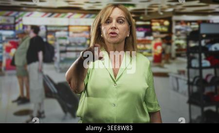 Die hispanische Frau im mittleren Alter zeigt den Finger nach vorne im Gang des Flughafengeschäfts und trägt ein grünes Hemd, um einen Käufer zu konfrontieren. Stockfoto