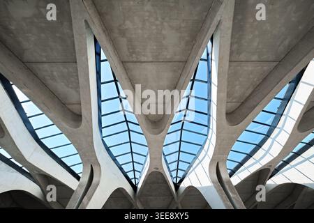 Lyon, Frankreich - 19. März 2026: Flacher Blick auf die symmetrischen Betonbögen und das Oberlicht am TGV-Bahnhof Lyon Saint Exupery bei Santiago Calatrava Stockfoto