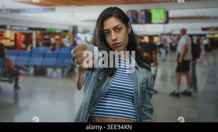 Die Frau gibt die Daumen nach unten, zeigt am Flughafenterminal einen Midriff, mit Blick auf die Kamera, Reisefrustration. Stockfoto