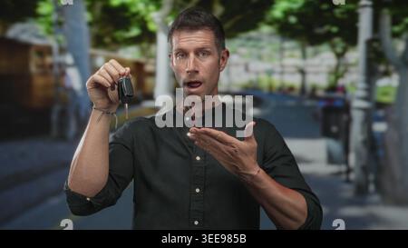Mann, der den Schlüssel in der Hand hält, auf einer grünen Straße mit offenem Mund und gezogener Handfläche, während er ein dunkles Hemd trägt; verlorene Schlüssel überraschen. Stockfoto