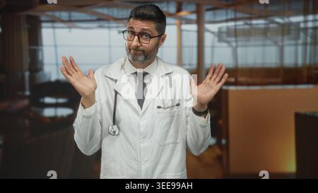 Mann Doktor mit weißem Mantel und Stethoskop zuckt in der Lobby mit Krawatte und Brille die Hände; Unsicherheiten sorgen. Stockfoto