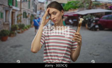 Frau in gestreiftem Hemd mit großen Pinseln, Hand an Stirn für Kopfschmerzen auf einem schmalen Kopfsteinpflastermarkt; kreative Erschöpfung. Stockfoto