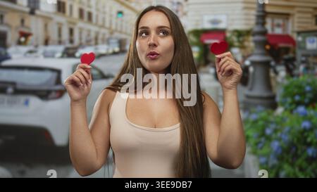 Die junge Frau hält zwei Herzausschnitte aus rotem Filz in der Nähe der Brust auf einer belebten europäischen Stadtstraße mit sichtbaren Autos und Laternenpfosten; verspielte Liebe. Stockfoto