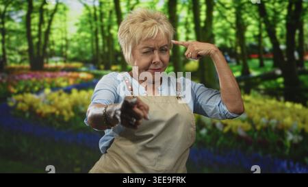Frau mit Schürze, Senior hispanic, zeigt mit dem Finger auf die Kamera, während sie inmitten von Waldblumenbeeten auf den Tempel klopft; verspielter Trotz. Stockfoto