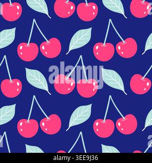 Trendiges nahtloses Muster mit neonrosa Kirschen auf dunkelblauem Hintergrund. Neonkirsche. Moderner Pop-Art-Stil, perfekt für Modeschmucke und technische Accessoires Stock Vektor