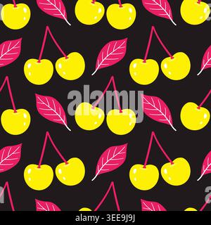 Auffälliges nahtloses Muster mit neongelben Kirschen und rosa Blättern auf schwarzem Hintergrund. Trendiges botanisches Pop-Art-Design mit hohem Kontrast für Streetwear Stock Vektor