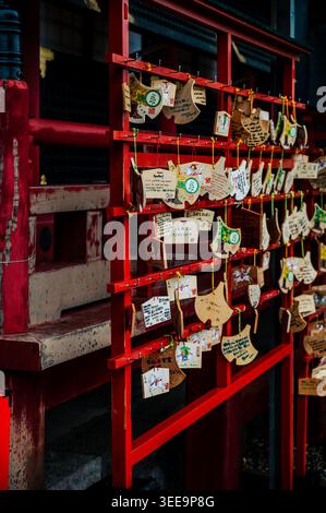 Hölzerne Gebetstafeln mit handgeschriebenen Wünschen hängen auf rotem Gestell am japanischen Schrein in Tokio, Japan Stockfoto