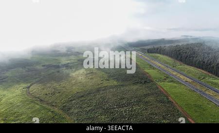 Aus der Vogelperspektive einer Autobahn, die durch grüne Hügel und Wälder führt, die teilweise von niedrigen Wolken bedeckt sind Garden Route District Municipality, Western Cape, Sou Stockfoto