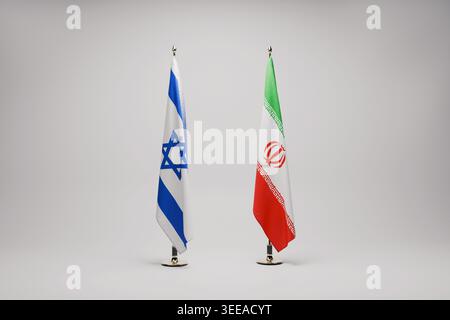 Nationalflaggen Israels und Irans auf Innenständern vor neutralem Hintergrund. Ein starkes Bild, das den komplexen geopolitischen Rivalen repräsentiert Stockfoto