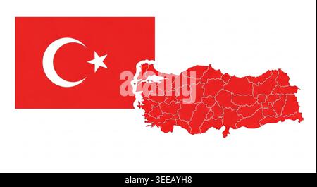Minimalistische Türkei Karte mit Provinzen und Nationalflagge Vektor, Rote Silhouette Republik Türkei Geographie Illustration isoliert auf weiß 4K Stock Vektor