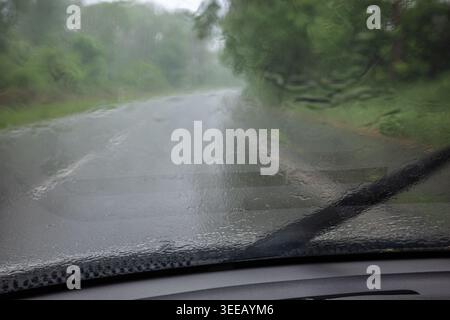 Während der Fahrt auf einer leeren Straße, die von Bäumen umgeben ist, strömt Regen auf die Windschutzscheibe. Die Sicht ist gering, wenn sich die Scheibenwischer vor- und zurückbewegen. Die Atmosphäre Stockfoto