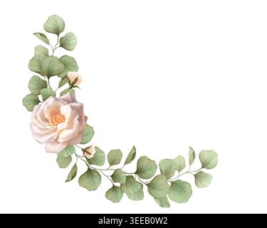 Handgezeichnete Illustration einer eleganten floralen Ecke mit weichen weißen Rosen und Eukalyptuslaub. Botanisches Dekoelement Stockfoto