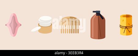 Flache Vektor-Illustration nachhaltiger Körperhygiene und Badartikel einschließlich wiederverwendbarer Menstruationsauflage, Baumwollauflagen, Holzkamm. Stock Vektor