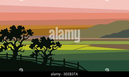 Malerische Naturvektorlandschaft mit grünen landwirtschaftlichen Feldern, überlagerten Bergen, lebendigem Sonnenuntergang und Silhouette-Eichen. Stock Vektor