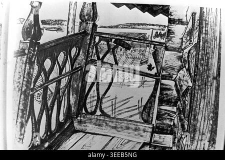 Archiv-Grafik schraffierte Zeichnung des sowjetischen Künstlers Juri Grigoriewitsch Savchenko aus den 1970er Jahren. Das Kunstwerk zeigt eine malerische Aussicht von einem Holzbalkon mit geschnitzten Balustern, mit Blick auf eine ruhige Dorfsiedlung und eine ruhige Flusslandschaft in der Ferne. Diese detaillierte Skizze fängt den Alltag, die authentische Atmosphäre und das kulturelle Erbe der Epoche ein. Historische Vintage-Illustration, die visuelle Erinnerung bewahrt und einen nostalgischen Einblick in den friedlichen Donbass bietet. Stockfoto