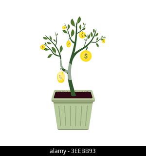 Kreative Geldbaum-Vektor-Illustration mit goldenen Dollarmünzen Stock Vektor