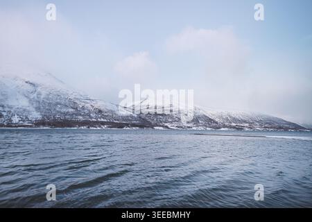Winterküste in der Region Tromsø, Norwegen, mit schneebedeckten Bergen, eisigem Fjordwasser und einer ruhigen, mondbeleuchteten arktischen Küstenatmosphäre Stockfoto