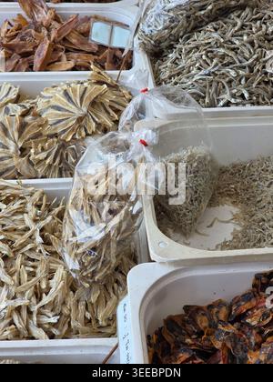 Gemischter getrockneter Fisch, Konserven, traditioneller asiatischer Marktstand, der verschiedene lokale Meeresfrüchte-Zutaten verkauft, verpackte transparente Plastiktüten Stockfoto