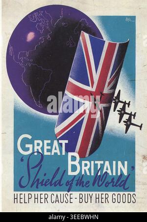1942 Großbritannien „Schild der Welt“, „Hilfe her Sache – Kauf ihre Waren“, fördert den Kauf britischer Produkte zur Unterstützung der Wirtschaft während des Krieges. Stockfoto