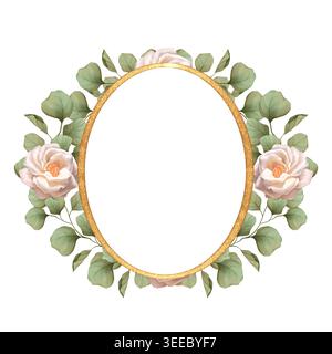 Handgezeichnete Illustration eines eleganten ovalen goldenen Rahmens mit weichen weißen Rosen und grünem Eukalyptuslaub. Stockfoto