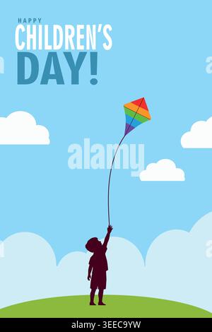 Happy Children's Day Poster mit fliegendem Kinderdrachen in blauer Himmelslandschaft Stock Vektor