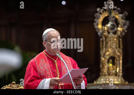 Neapel, Italien, 08. Mai 2026. Papst Leo XIV. Hält seine Rede während eines Treffens mit dem Klerus in der Kathedrale von Neapel. Maria Grazia Picciarella/Alamy Live News Stockfoto