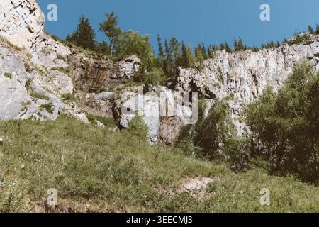 Malerische felsige Schlucht mit einem kleinen Wasserfall, grüner Wiese und Nadelwald unter klarem blauen Himmel im Altai-Gebirge, Altai-Republik, Russland Stockfoto