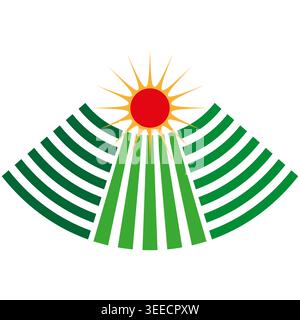 Grüne Feldlandschaft mit einer hellroten Sonnenvektorgrafik. Perfekt für modernes Agrarlogo und Öko-Logo. EPS 10. Stock Vektor