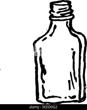 Handgezeichnete Vektor-Illustration einer kleinen Flasche in Form von Alkohol, in einer einfachen schwarzen Tintenlinie Art Stil mit dünnen unvollkommenen Pinselstiftlinien. So Stock Vektor