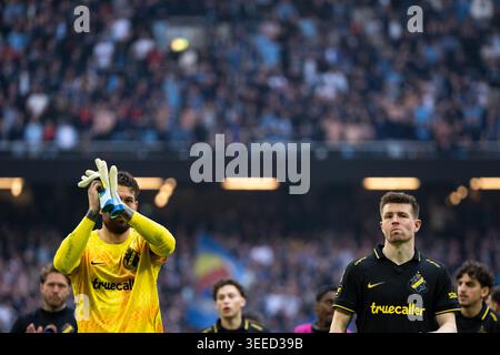 Stockholm, Schweden. Mai 2026. STOCKHOLM, SCHWEDEN - 10. MAI: Torhüter Kristoffer Nordfeldt (15) von AIK und Mads Thychosen (17) von AIK nach dem Allsvenskan-Fußballspiel zwischen AIK und Djurgården in der Strawberry Arena in Stockholm, Schweden am 10. Mai. Quelle: SPP Sport Pressefoto. /Alamy Live News Stockfoto