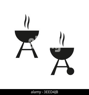 Ein minimalistisches Vektor-Set aus schwarzen Barbecue-Grill-Ikonen mit Rauch, das Outdoor-Kochen und Sommer-Picknick-Veranstaltungen repräsentiert. EPS 10. Stock Vektor