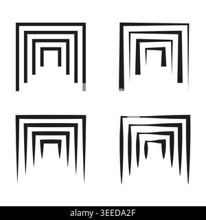 Eine minimalistische Vector-Kollektion mit vier abstrakten quadratischen Tunnelformen, die ein Gefühl von Tiefe und geometrischer optischer Illusion erzeugen. EPS 10. Stock Vektor