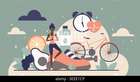 Gesundes Lifestyle-Konzept mit Frau meditiert, Sportschuhe, Fahrrad, Obst, Wasserflasche, Uhr und Herz Symbol für Fitness, Ernährung Gleichgewicht, mit schwarzem Charakter, Vektor-Illustration Stock Vektor